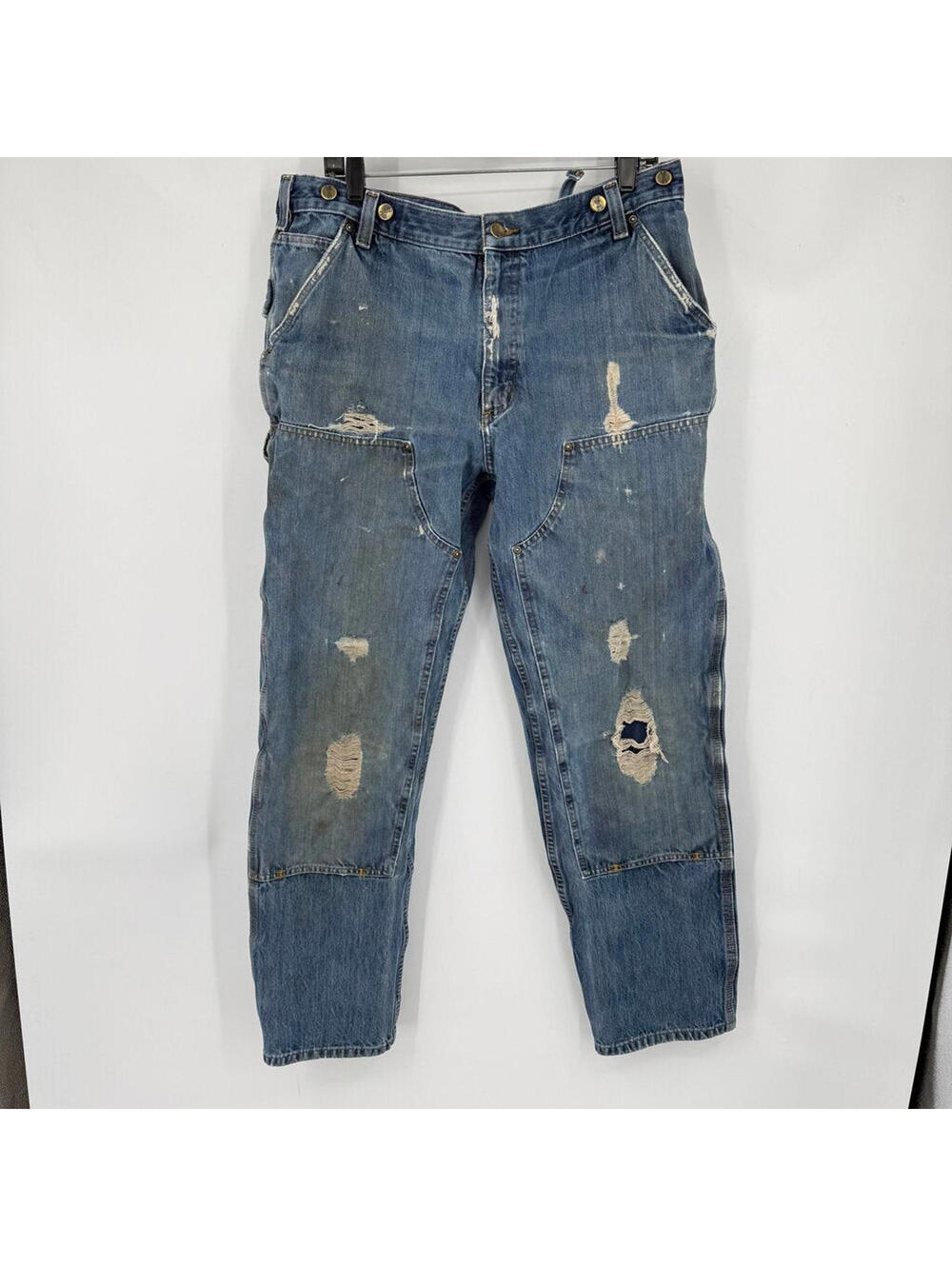 Men's Carhartt Heavily Distressed Double Knee Relaxed Fit Blue Jeans 38x34